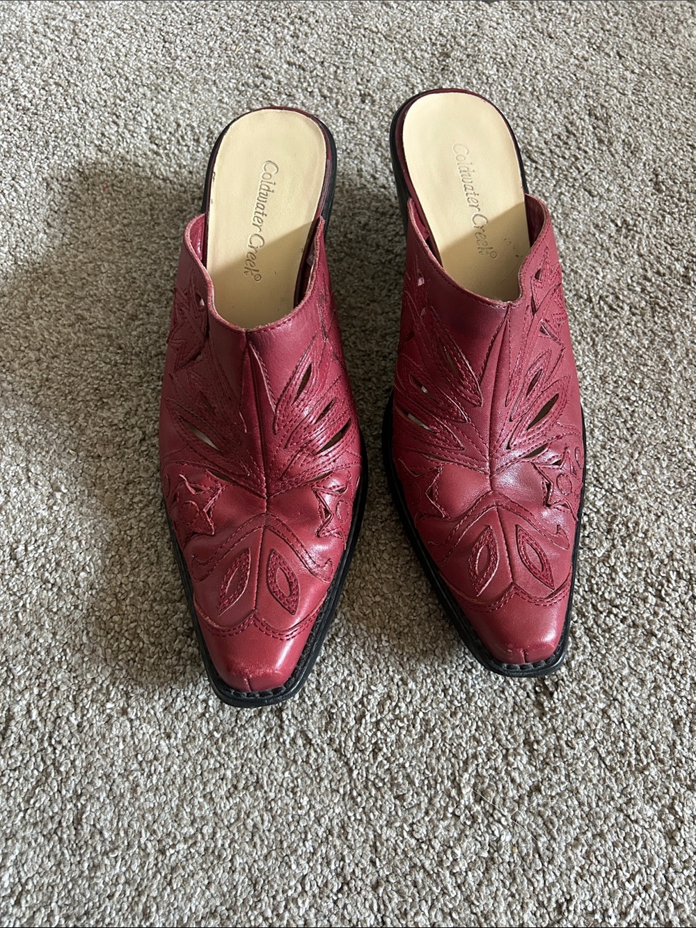 Coldwater Creek Red Leather Embroidered Slip-On Mules